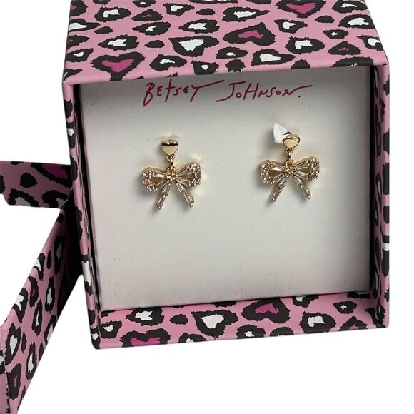 Betsey Johnson Gold-Tone Bow Dangle Earrings with Clear Stones - Picture 3 of 8